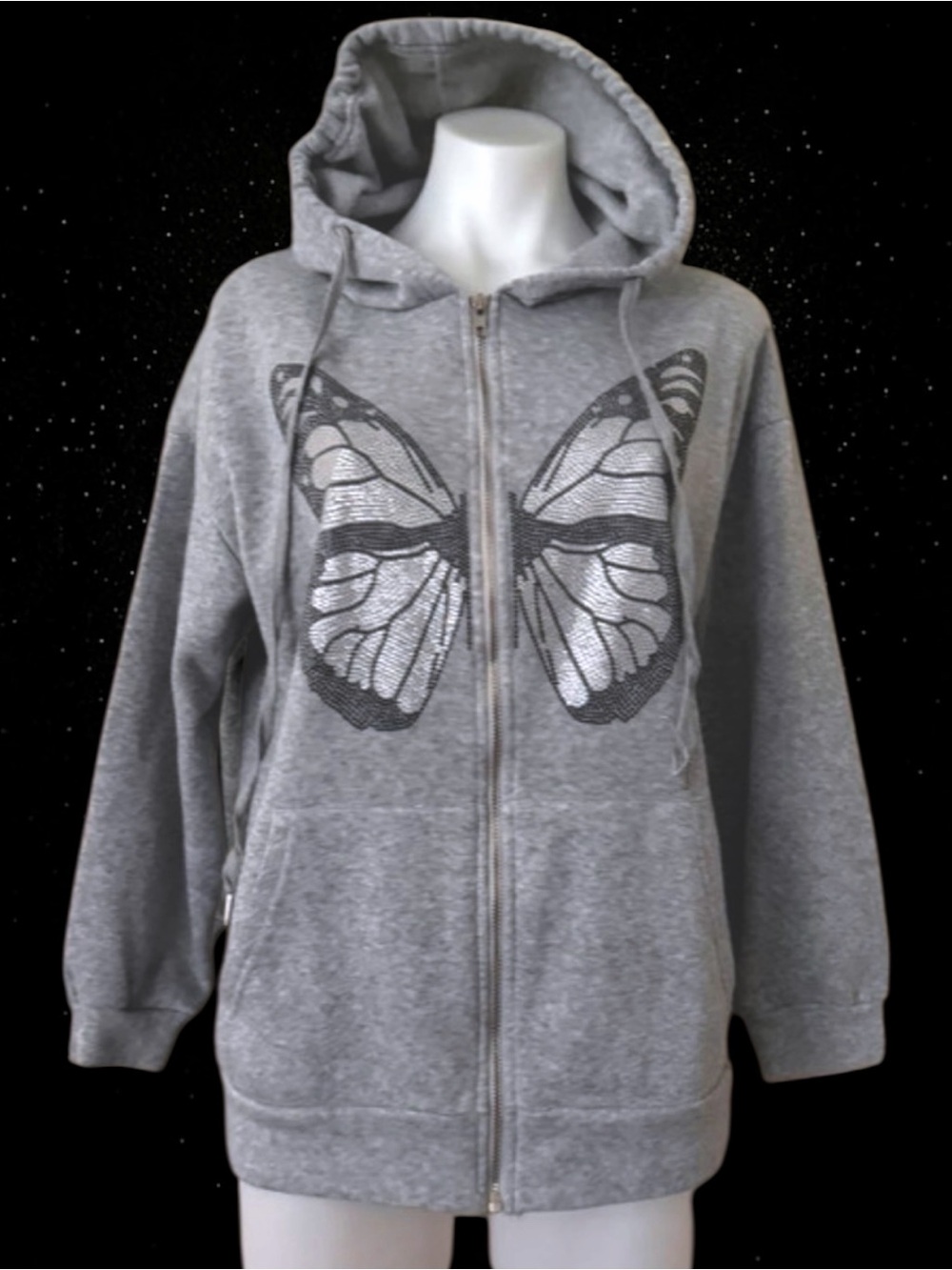 SHEIN Women’s Full-Zip Butterfly Rhinestone Gray Hoodie, Medium